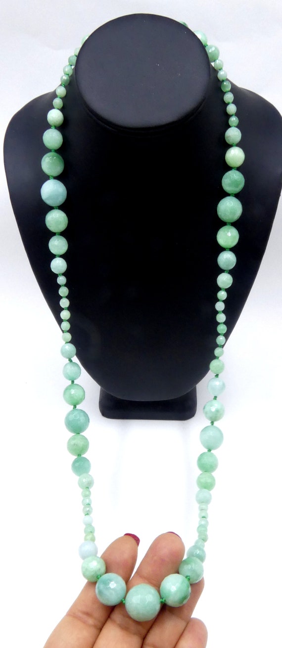 Vintage natural green stone beads long necklace