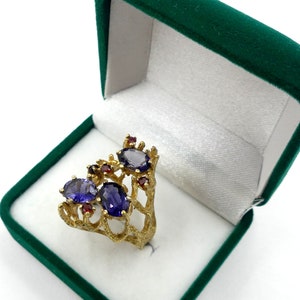 Vintage large gold plated sterling silver & natural lolite garnets stone ring size