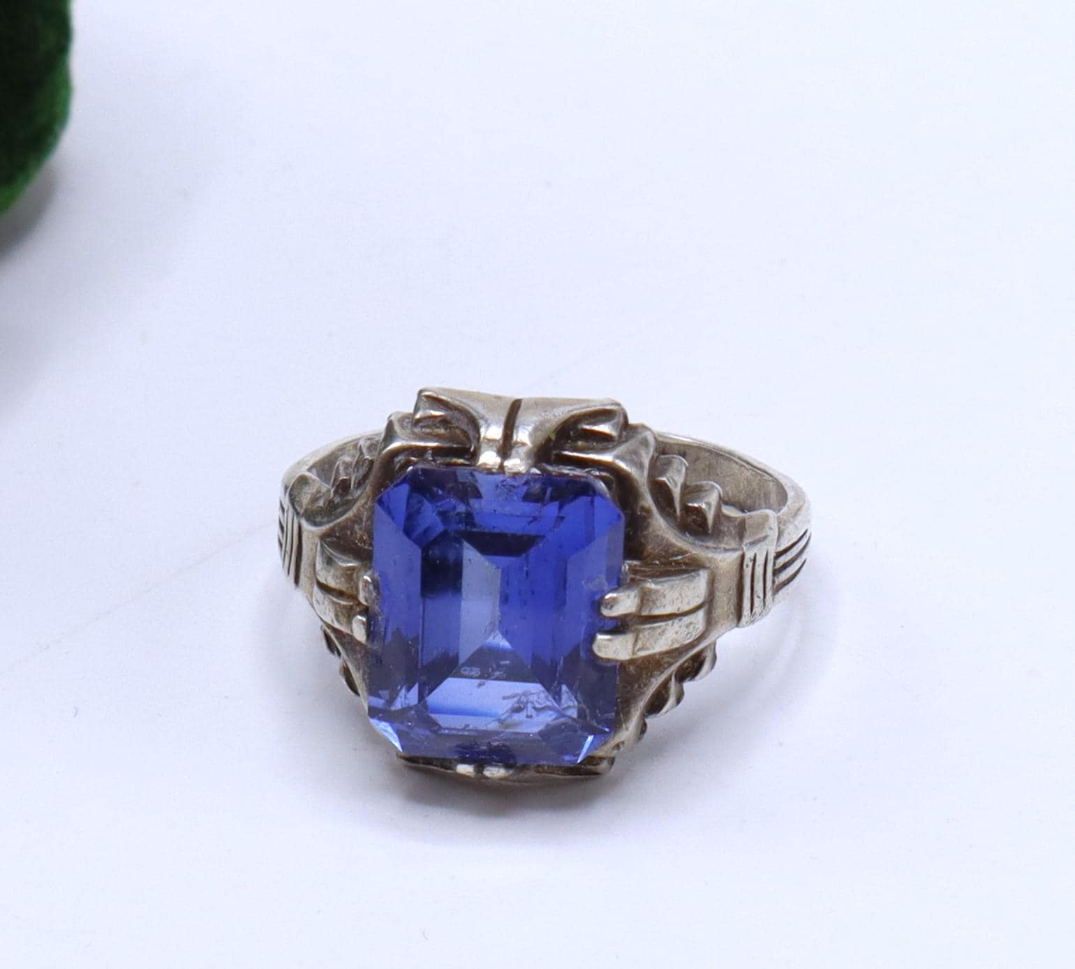 Antique marked sterling silver & glass sapphire ring size 5.5