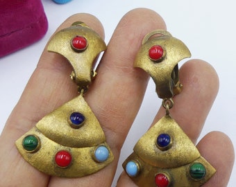 Vintage 30's antique gold tone & multi color glass cabochon clip on earrings