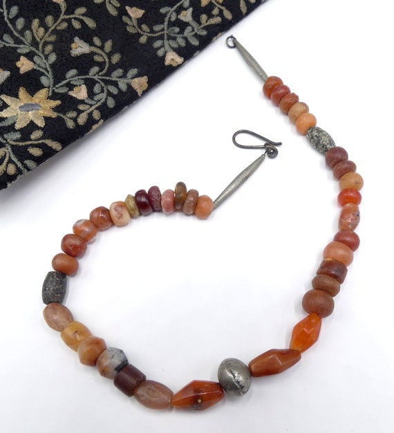 Old silver tone ancient carnelian beads necklace