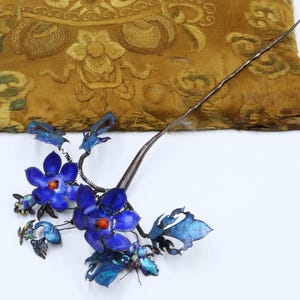 Antique 19th C  Chinese silver enamel flower hair pin hair stick