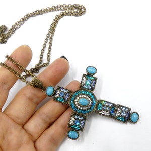 Vintage Adrienne Collection turquoise crystals cross pendant necklace