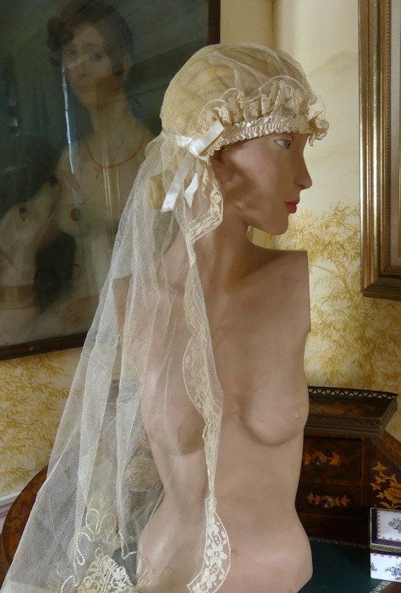 Antique 30’s French tambour lace short bridal veil