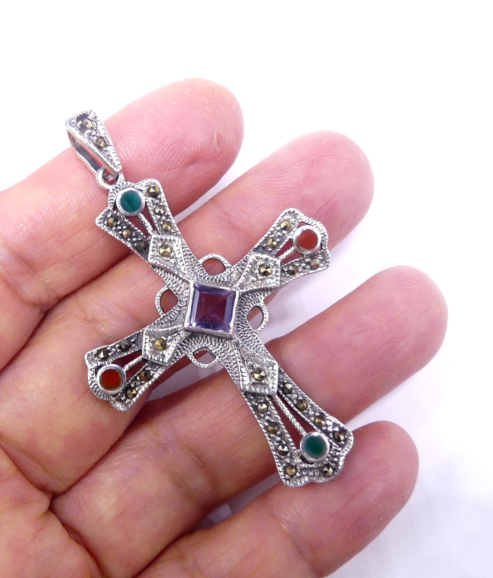 1x OXIDIZED STERLING SILVER MARCASITE CROSS CHANDELIER NECKLACE CONNECTOR #2244 