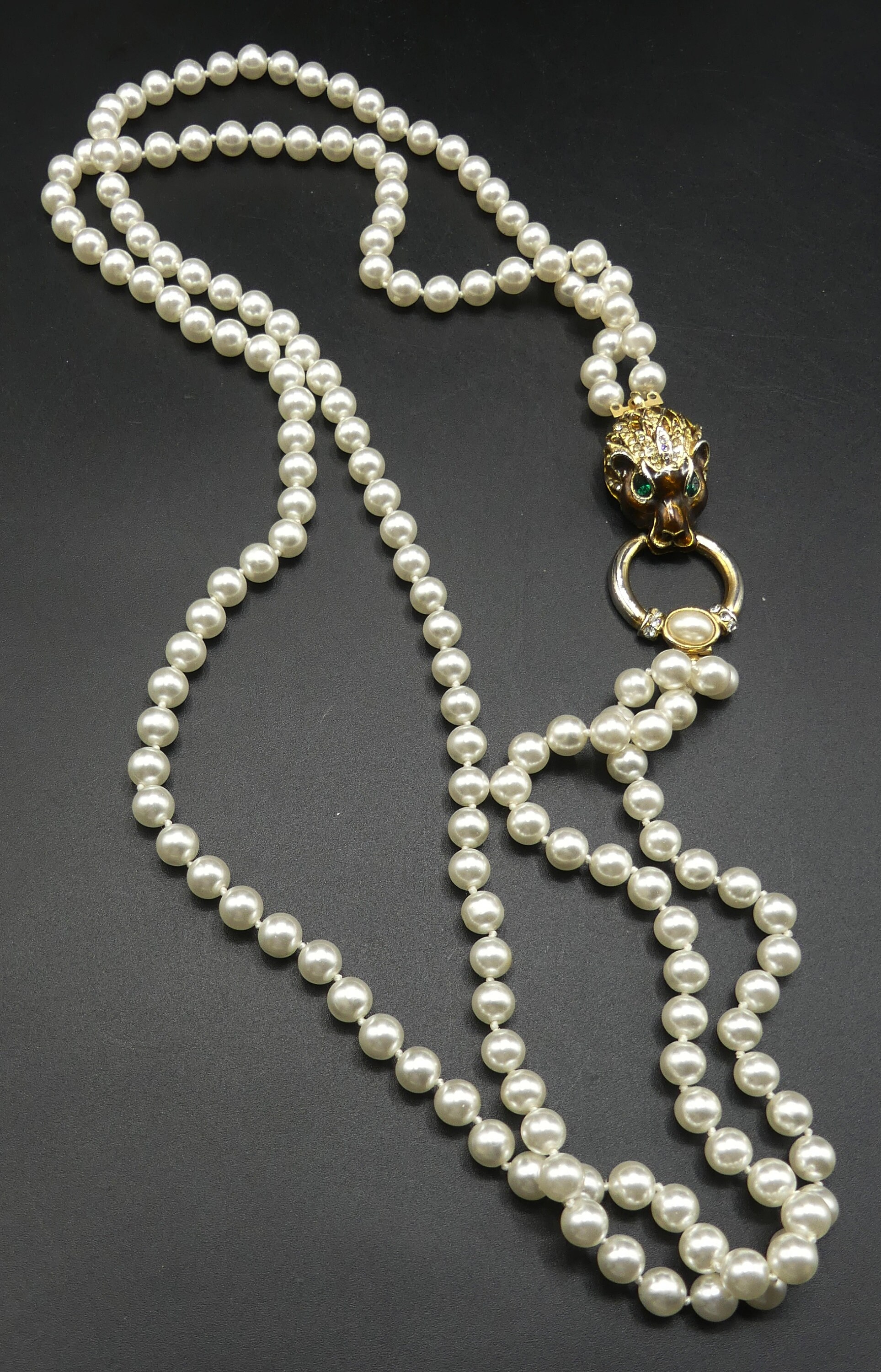 Vintage Double Strings Faux Pearl & Gold Tone Leopard Head