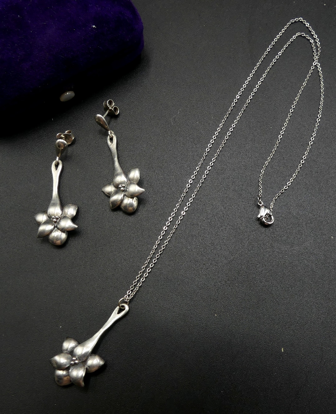 Antique Vintage Sterling Silver Art Nouveau Pendant Necklace & Post ...