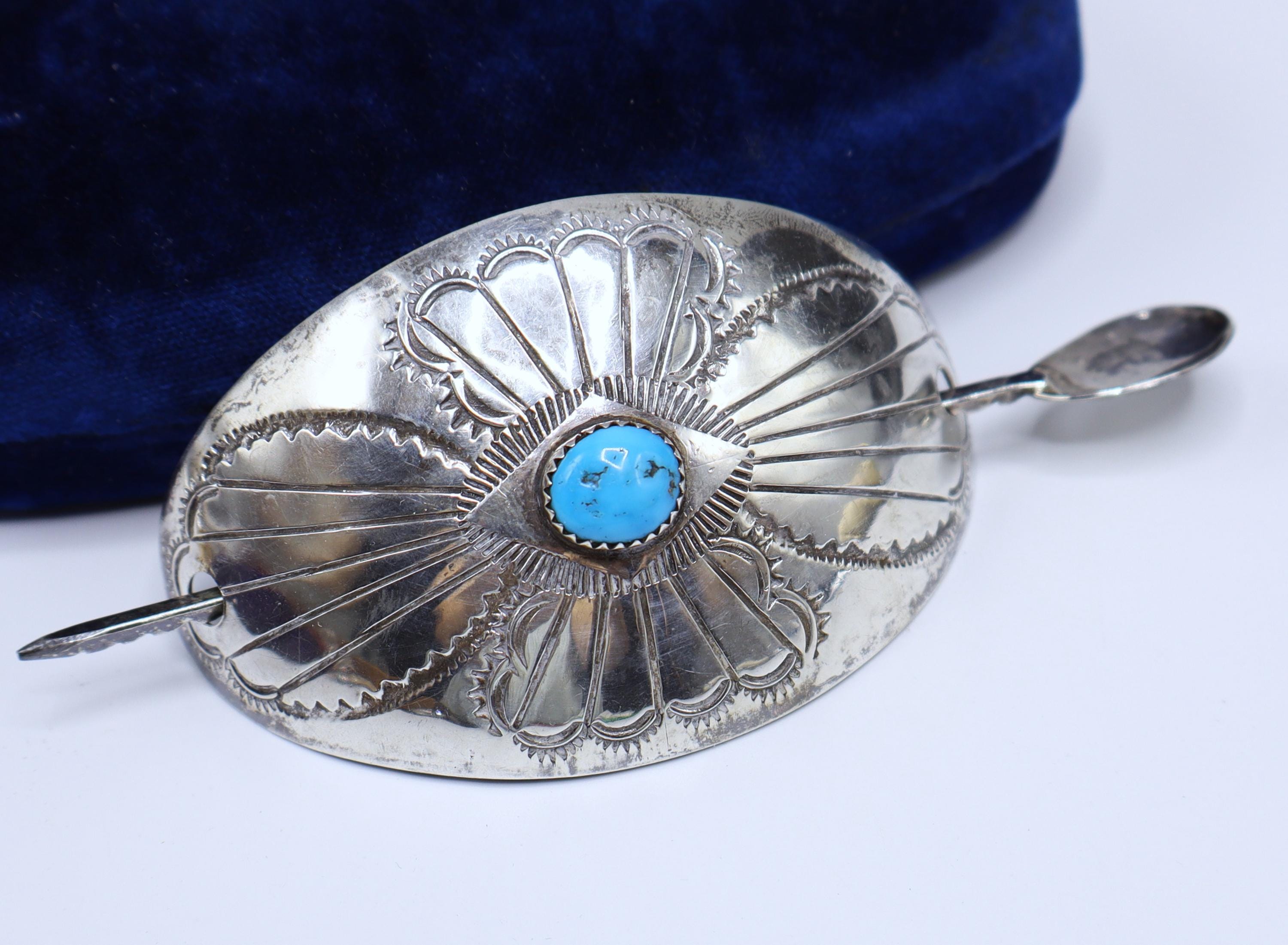 Native American Made Vintage Silver and Turquoise Hair Barrette? Best Vintage Native American Navajo Larry Moses Begay  main image 4