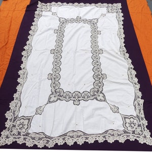 Vintage needle point embroidered & cutwork tablecloth color beige 59” x 96”