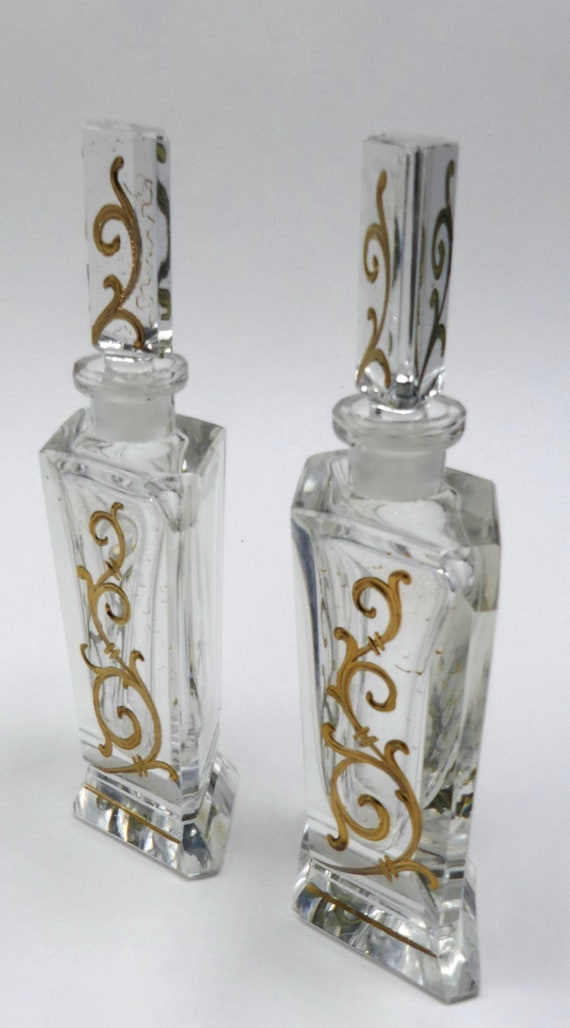 Antique French pair crystal perfume bottle w gilt… - image 4
