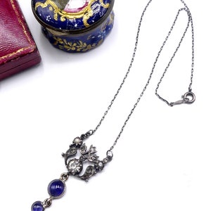 Antique vintage Edwardian sterling & rhinestone iolite pendant necklace image 7