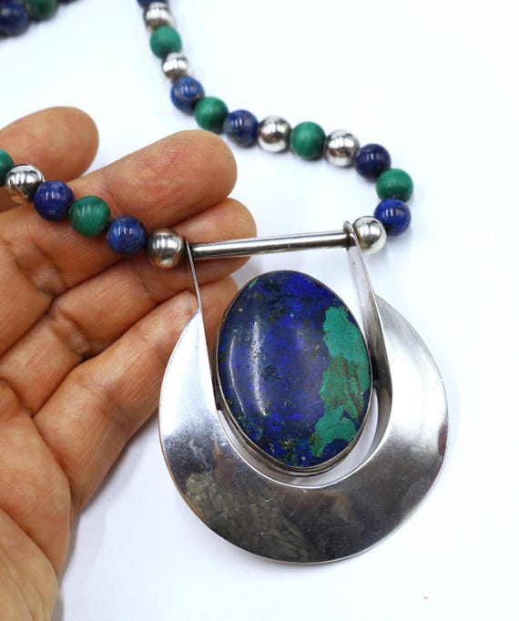 Lapis Lazuli Bead Double Strand Necklace Crescent Antiqued Pendant with Blue Topaz Lapis Lazuli Bead Double Strand Necklace Crescent Antiqued Pendant with Blue Topaz