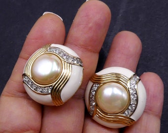 Vintage signed Judith Leiber gold tone & clear rhinestone faux pearl cabochon clip earrings