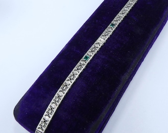Antique Art Deco marked 14k white gold filigree & green glass diamond bracelet