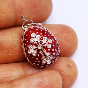 Vintage sterling silver red enamel & Cz w cross Faberge egg pendant