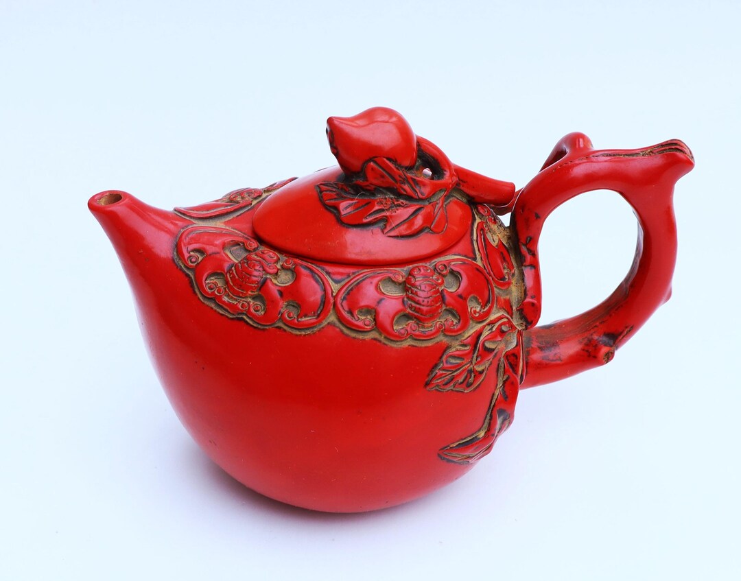 Vintage Chinese Red Cinnabar Bat Motif Tea Pot W Original Box - Etsy