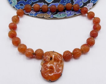 Old Chinese carved carnelian beads necklace & sterling silver tiger pendant 81.9 gram