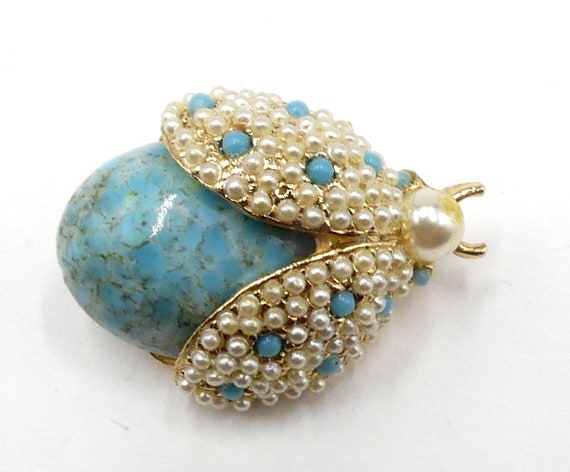 Vintage gold tone faux pearl & faux turquoise Hat… - image 5