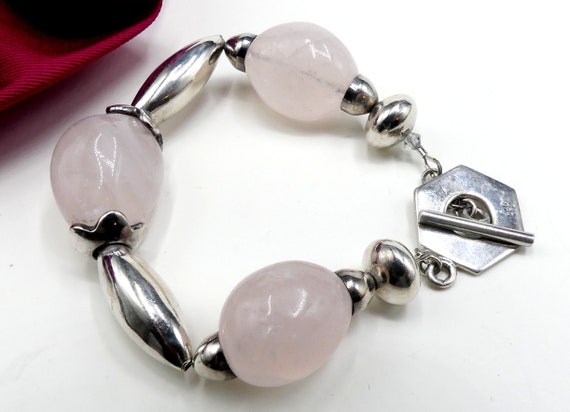 Vintage sterling silver light rose quartz bracelet - image 2