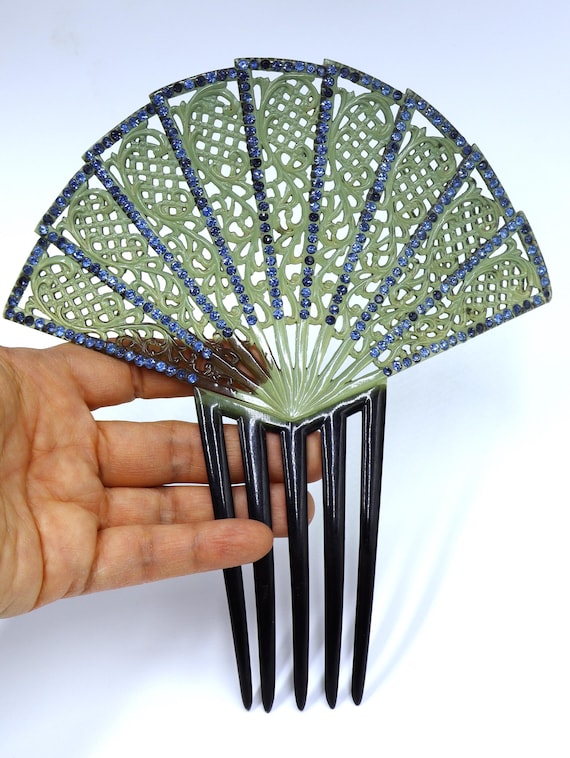Antique oversized hair comb with rhinestones and celluloid.L@@k! Antique Celluloid Pink Rhinestone Art Deco Hair Comb  main image 4