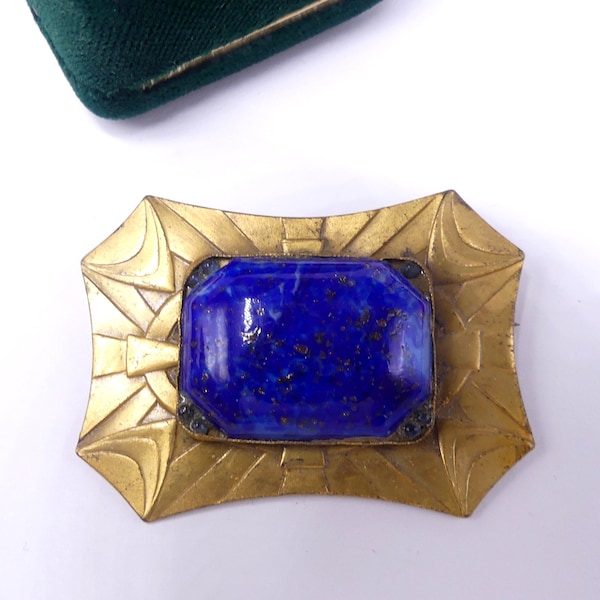 Antique Art Nouveau large brass & faux glass lapis pin brooch