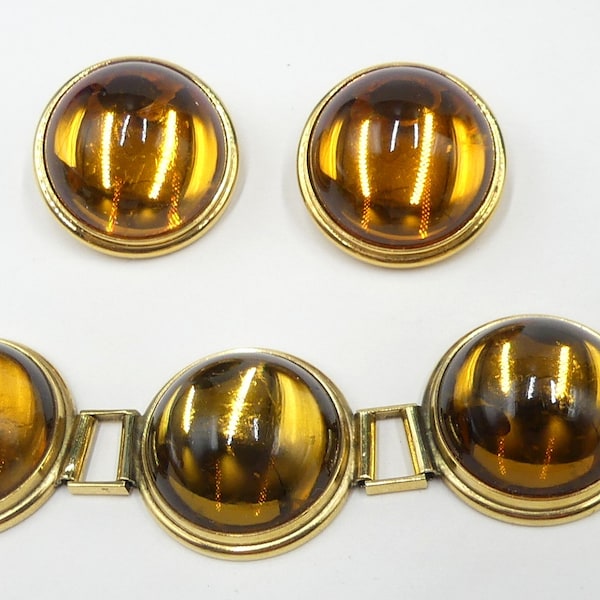 Vintage signed Lalique France gold tone cognac brown crystal cabochon link bracelet w clip earrings set