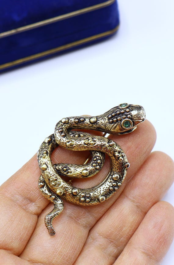 Gold Snake Brooch with Green Gemstone Vintage Gold Cobra Brooch, Snake Pin, Small Green  main image 3