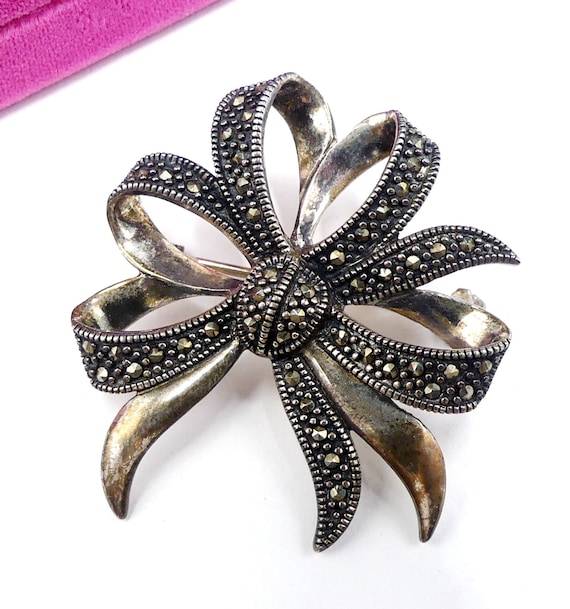 Vintage Marked Sterling Silver Marcasite Bow Pin Brooch Etsy