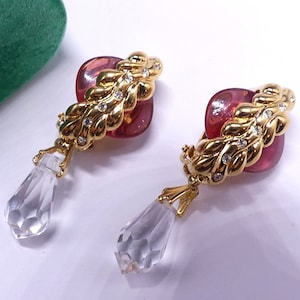 Vintage signed Nina Ricci gold tone lucite & crystal glass drop clip earrings