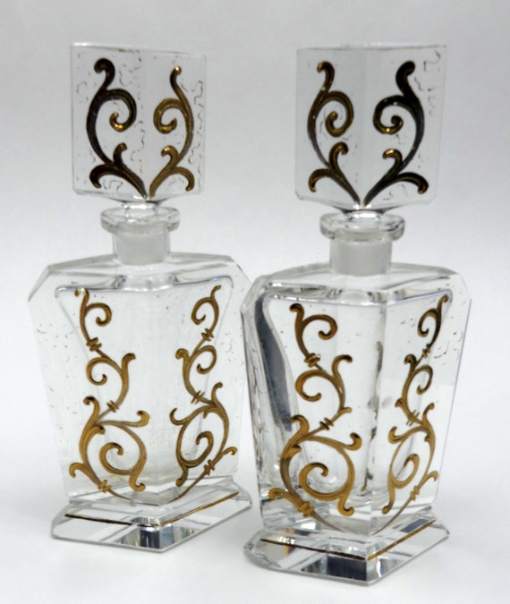 Antique French pair crystal perfume bottle w gilt… - image 3