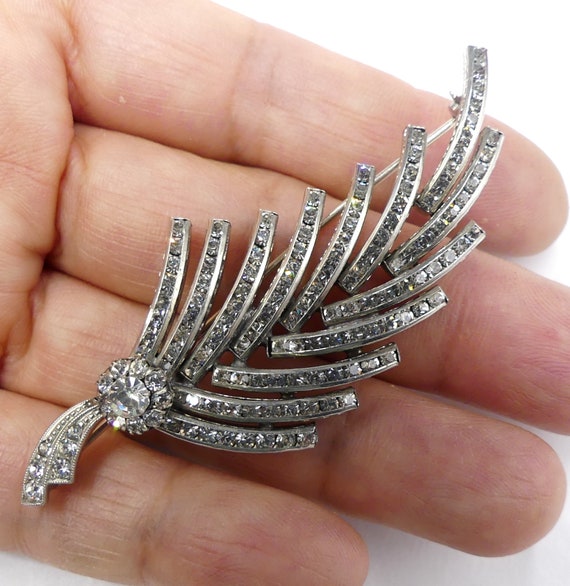 Antique vintage fine silver tone & rhinestone fea… - image 9