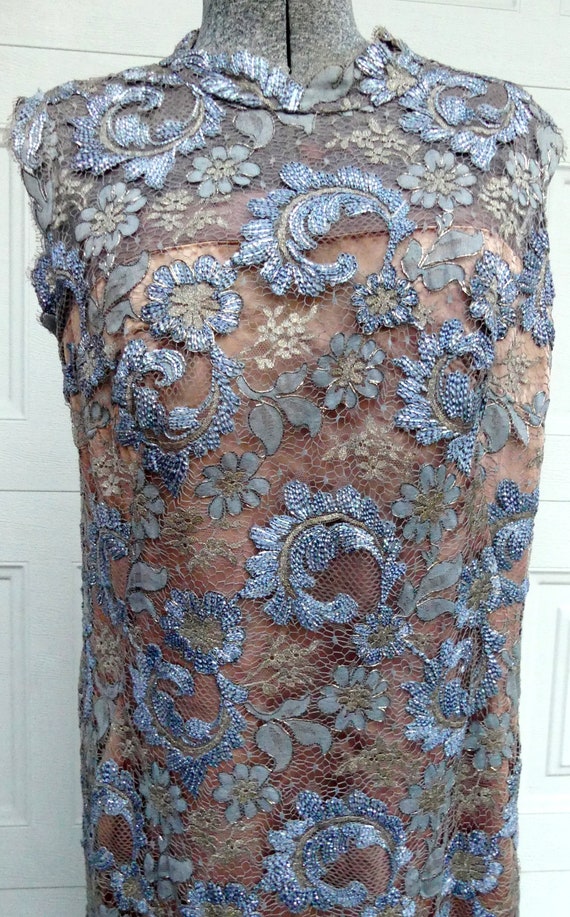 Vintage French grey blue Alencon lace w peach lini