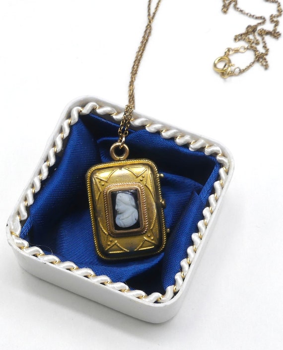 Pendentif Camée Victorien Ancien En Or Laminé Sur Chaîne 18 Pouces - Années 1890