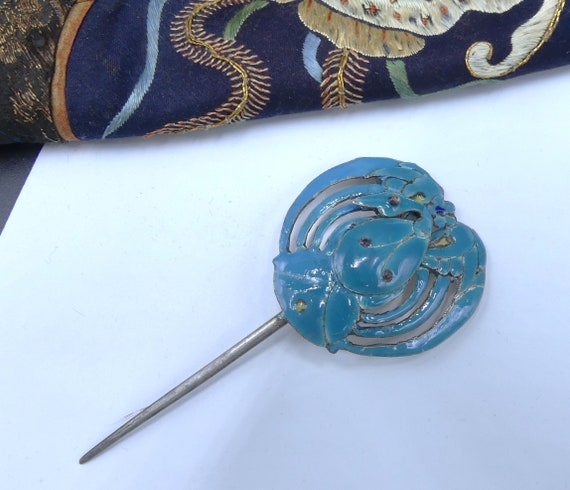 Antique Chinese silver enamel hair pin - image 1