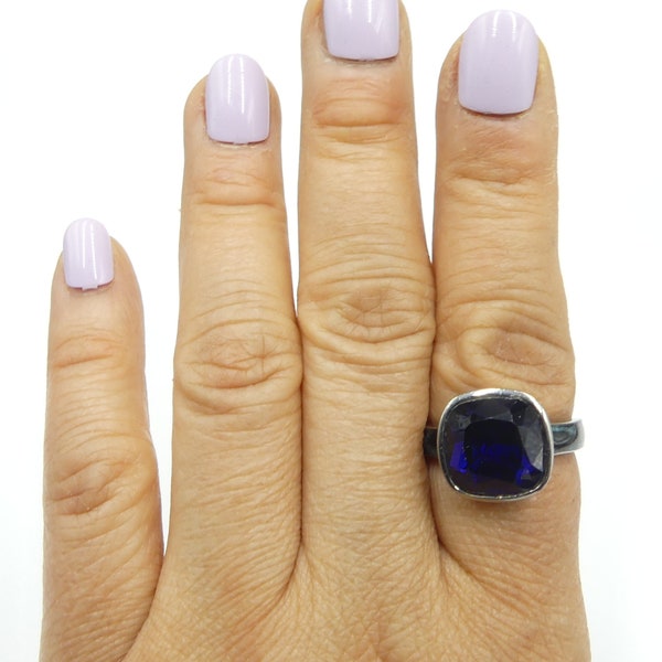 Vintage signed David Sigal silver tone enamel sapphire blue rhinestone ring size 10.75