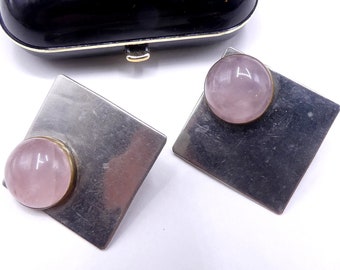 Vintage signed Tulla Booth modernist sterling silver rose quartz clip earrings