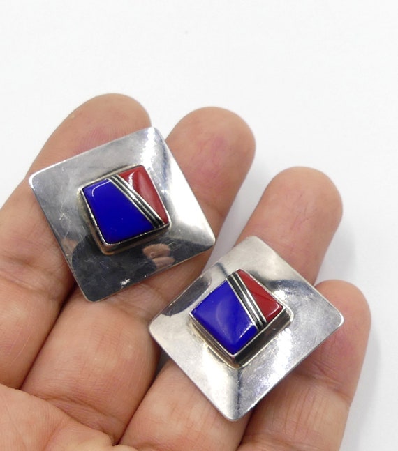 Detailed American Flag Native American Navajo Coral Lapis Sterling Silver Earrings Detailed American Flag Native American Navajo Coral Lapis Sterling Silver Earrings