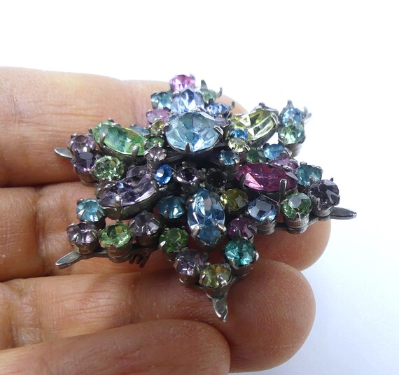 Vintage 50's silver tone & multi color rhinestone… - image 4