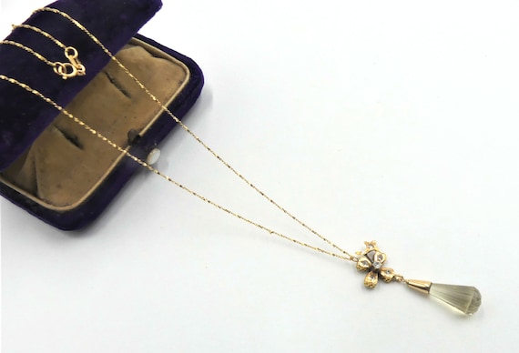 Vintage 14k gold chain & antique Citrine drop pen… - image 1