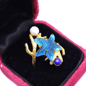 Vintage signed Tagliamonte sea life 925 18k gold vermeil sterling silver blue venetian glass starfish pearl ring size 10