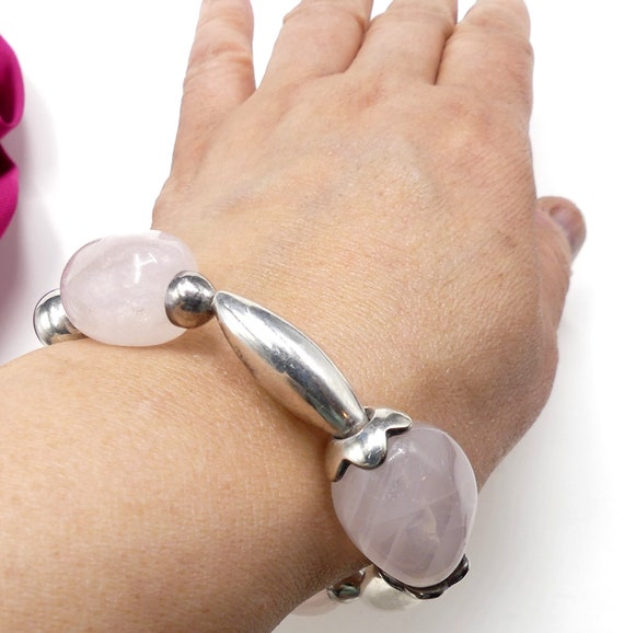 Vintage sterling silver light rose quartz bracelet - image 7