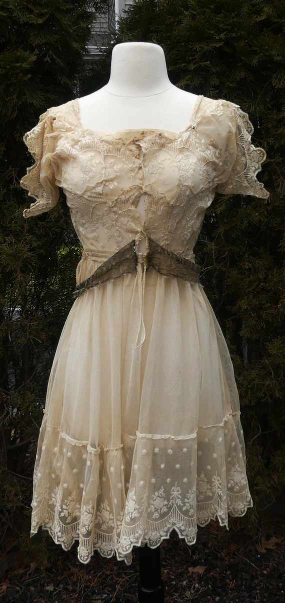 Antique  handmade Brussels lace dress color ivory