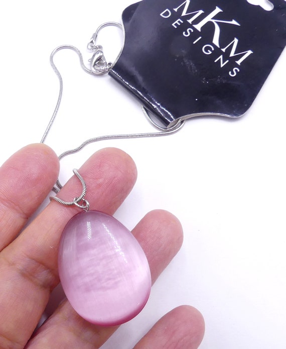 Brand New Signed Mkm Designs Silver Tone & Pink Glass Pendant