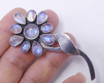 Vintage signed India NB Nicky Butler sterling silver & rainbow moonstone flower pin brooch