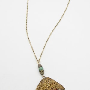 Old  gold plate chain & Chinese silver filigree with mini coral/ jade beads pendant necklace