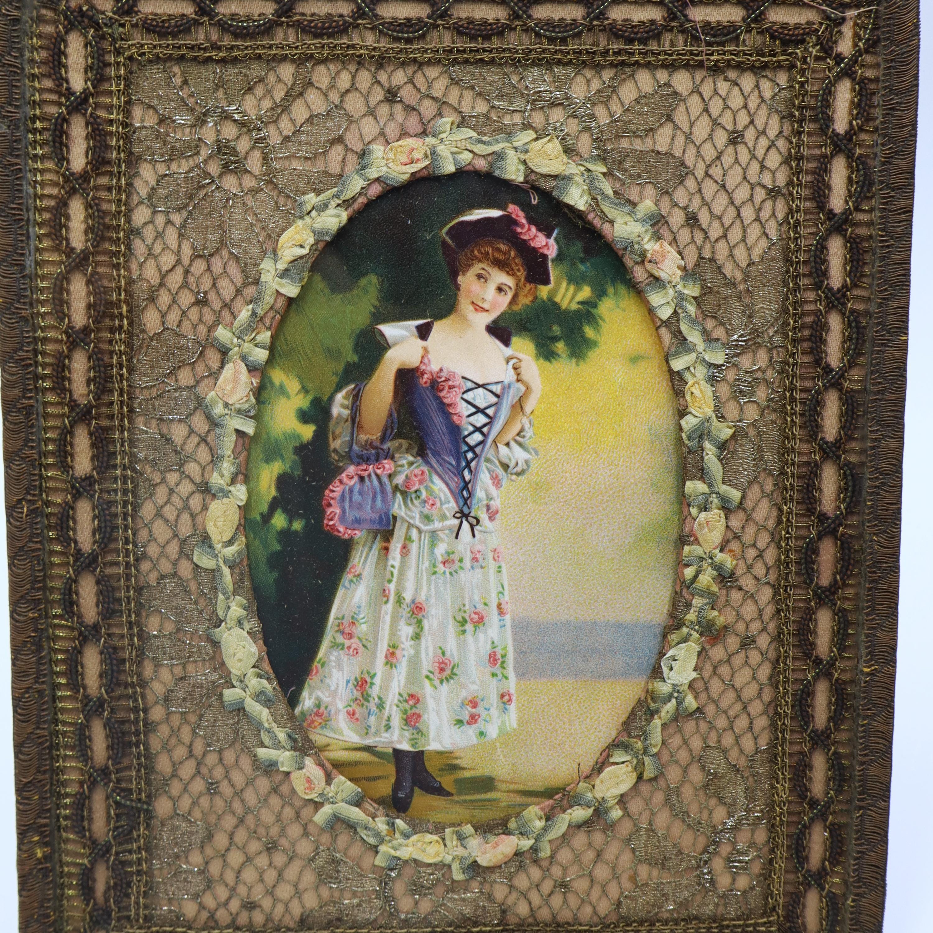 Antique French Metallic Glass & Silk Ribbon Roses Frame W 19th C