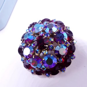 Vintage domed gold tone & AB red color rhinestone large round pin brooch