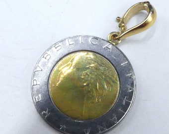 Vintage Marked Milor 14k gold bezel & Italian republic Lire 500 coin pendant