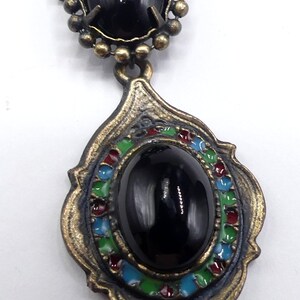 Vintage brass tone enamel & faux onyx drop pin brooch