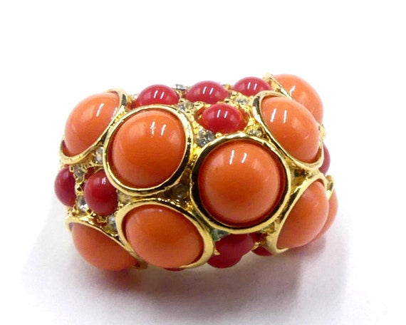 Vintage gold tone & clear rhinestone faux coral c… - image 1